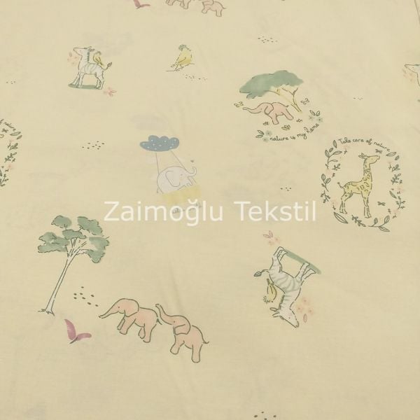 Fil Zebra ve Zürafa Desen Poplin Kumaş