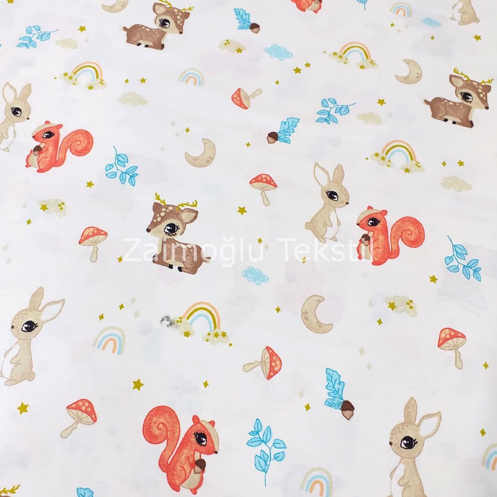 Sincap Ve Geyik Desen Poplin Kumaş