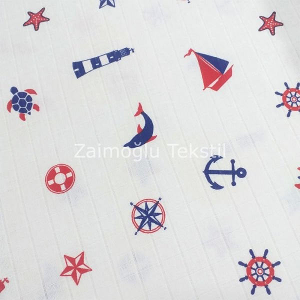 Denizci Desen Müslin Bezi Kumaşı