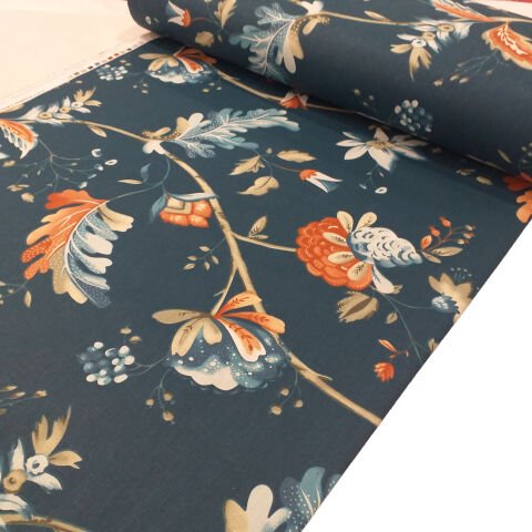 Yaprak ve Çiçek Desenli Poplin Kumaş