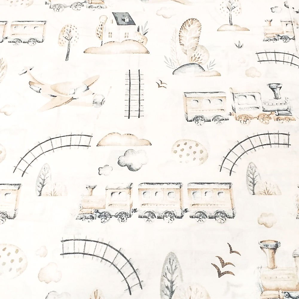 Tren ve Uçak Desenli Poplin Kumaş