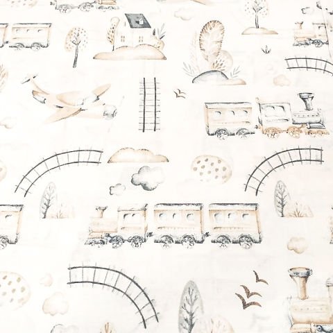 Tren ve Uçak Desenli Poplin Kumaş