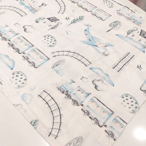 Tren ve Uçak Desenli Poplin Kumaş