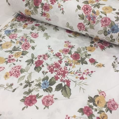 Gül ve Çiçek Desen Poplin Kumaş