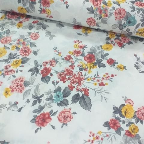 Gül ve Çiçek Desen Poplin Kumaş