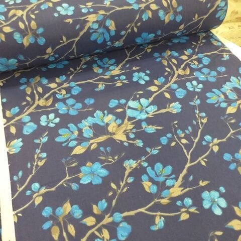 Dal ve Çiçek Desenli Poplin Kumaş