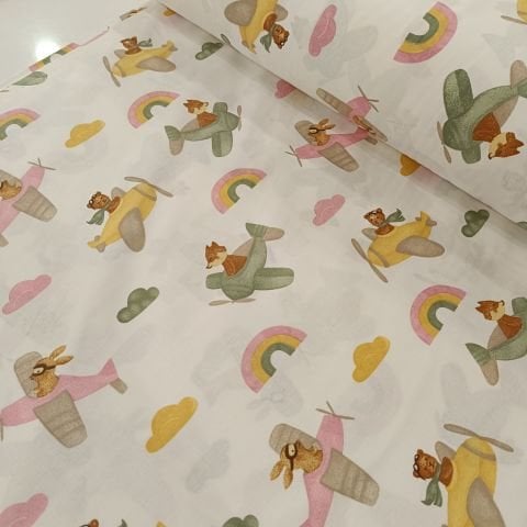 Sevimli Uçak Pembe Faal Poplin Kumaş