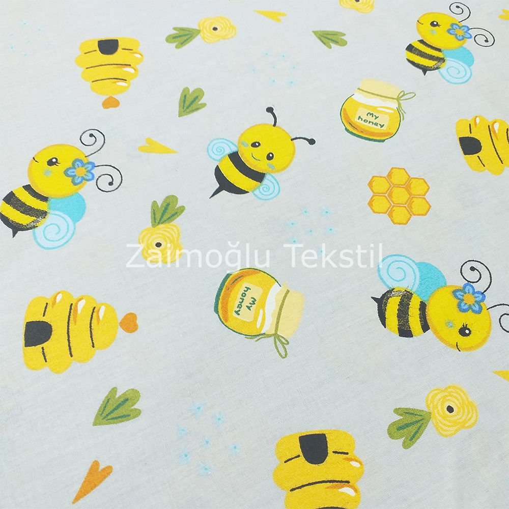 Arı ve Bal Desen Poplin Kumaş